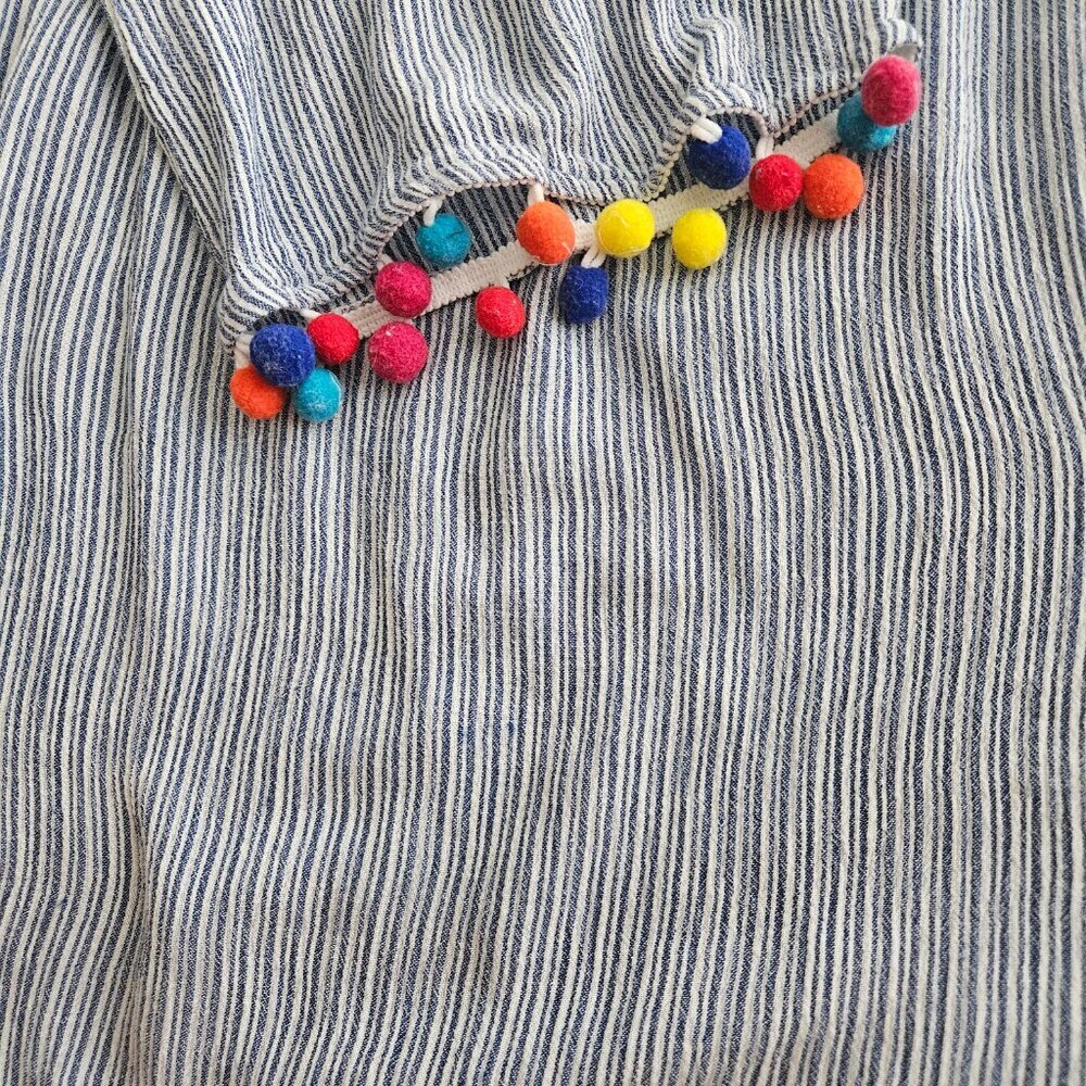 Striped Coastal Boho Nautical Pom Pom Blue White Oversize Blouse Tunic M - Picture 2 of 9